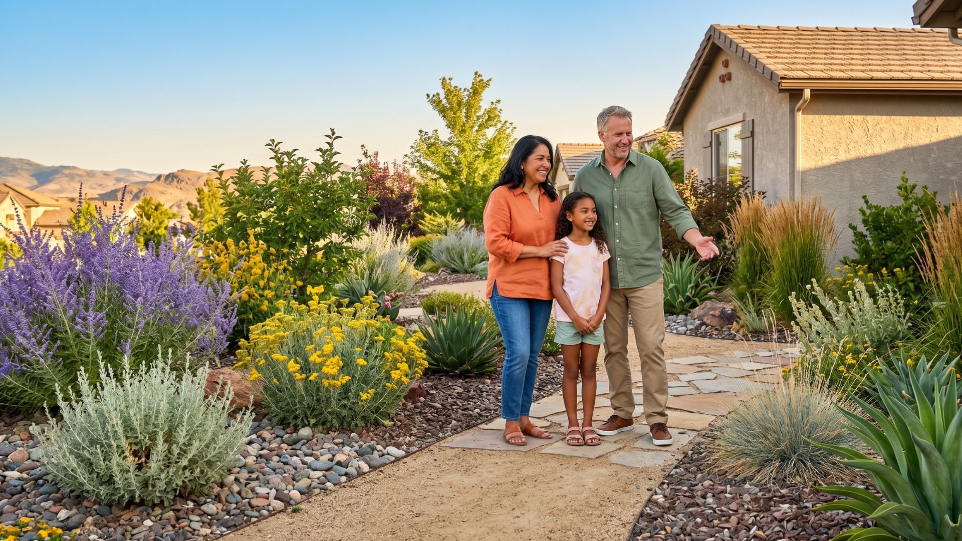 family admiring xeriscaping