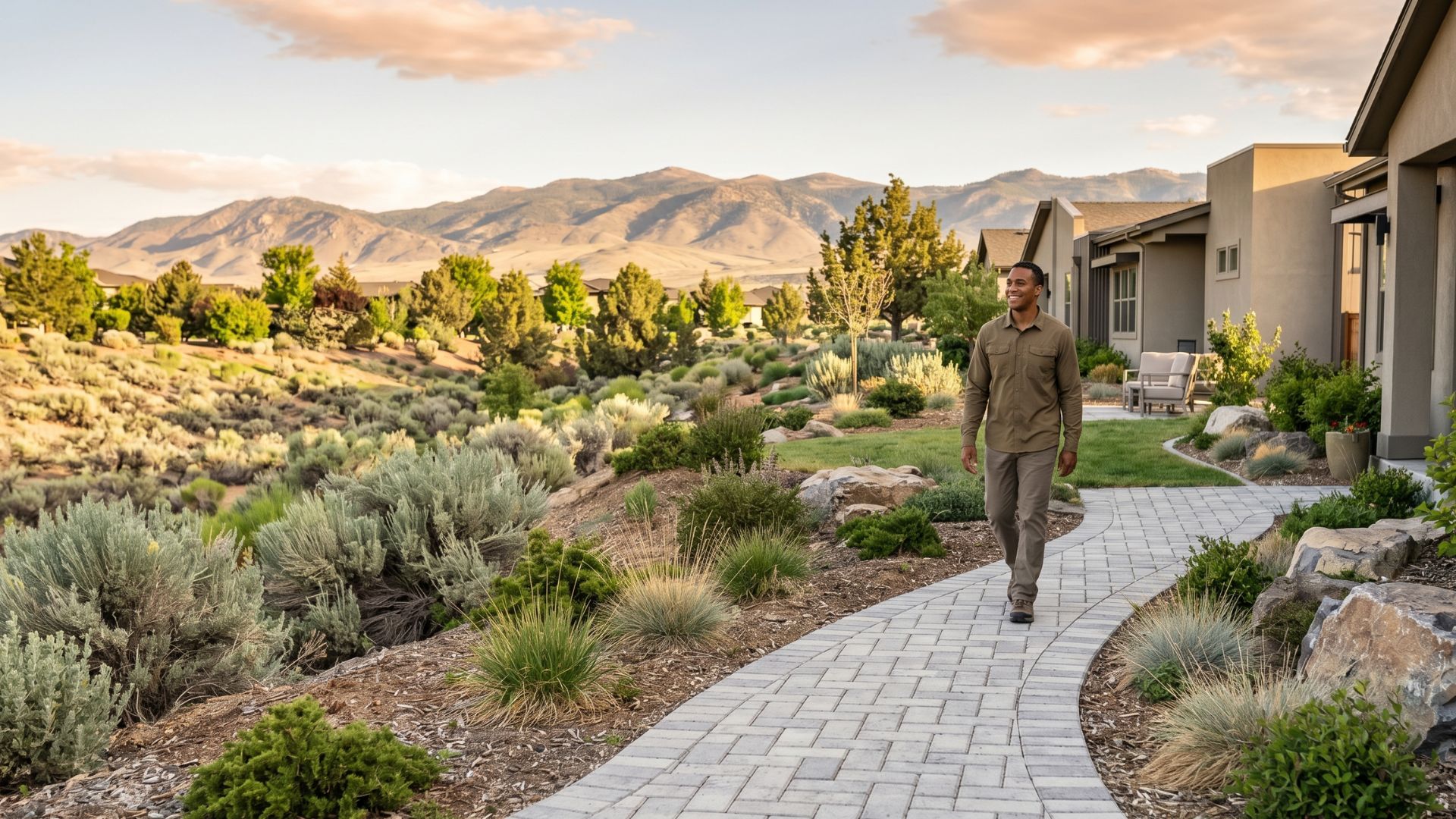 man walking on pavers